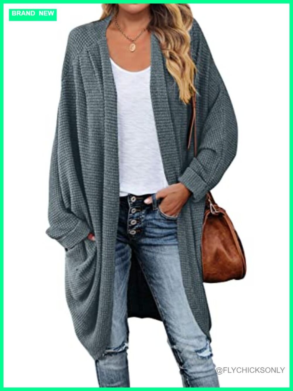 Women's Oversized Waffle Knit Dolman Sleeve Cardigan Sweater